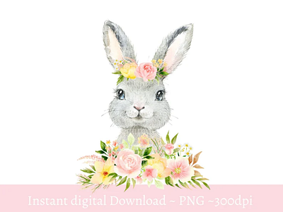 Grey Bunny Pink Yellow Floral PNG