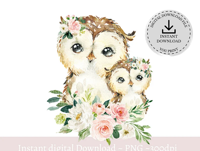 Mother & Baby Owls Pink Floral PNG 3d animation app branding design graphic design illustration logo ui vector