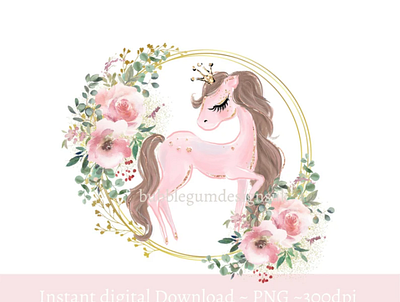 Pink Princess Pony in Floral Wreath Sublimation Design 3d animation app branding design graphic design illustration logo ui vector