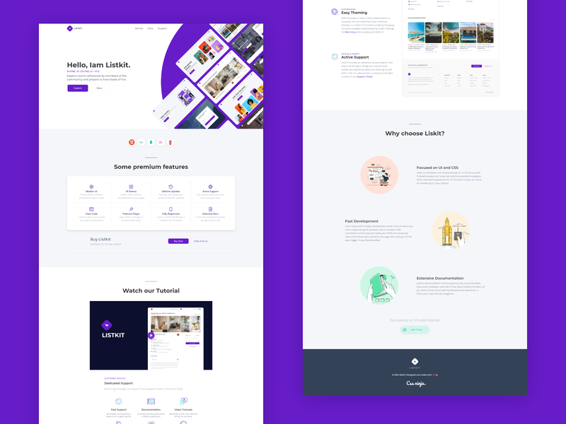 Listkit landing page alpinejs branding bulma clean design events flats illustration modern ui