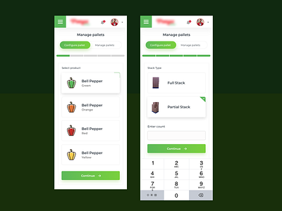 Manage Pallets Select Products UI app color design designs food green ui ux