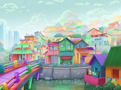 Rainbow Village animation background art cinematic concept art design digital art environment illustration illustrator rainbow ui village visual develoment