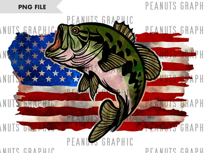 US Bass Fish PNG Sublimation Design, American Flag