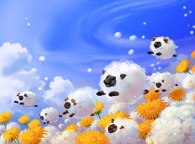 Dandelion sheep animals cute digitalart fantasy flowers illustration landscape nature sheep surrealism