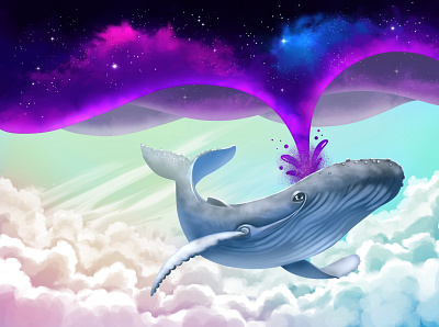 The night fell as the gentle giant flew by animals cartoon cute digitalart fantasy illustration surrealism whales