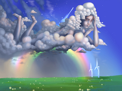 The Rainbow Godess clouds digital art fantasy illustration landscape rain rainbow series surrealism weather windmills woman