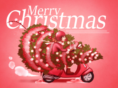 A Very Vespa Christmas cartoon character christmas christmas lights christmas tree cute digitalart funny illustration lettering pinky text typography vespa