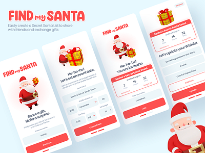 Find my Santa: A Secret Santa App 3d christmas concept creative design elf find my santa kavizo mobile app santa clause secret santa shuffle ui ux