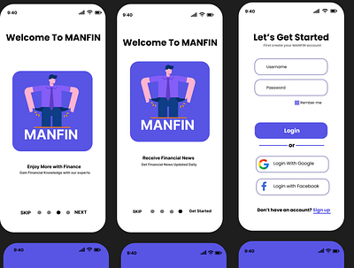 MANFIN Financial Assistant App UI branding graphic design illustration logo purble ui