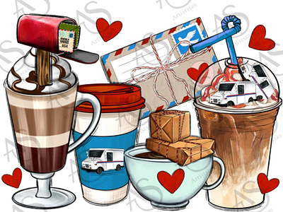 Mail Truck Coffee Cups Png Sublimation Design