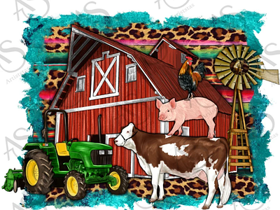 Farm Life Tractor with Cow Pig and Rooster Png