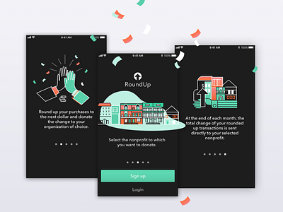 Finance app onboarding bank celebrate confetti dark interface dollar finance high five icon illustration mobile money onboarding