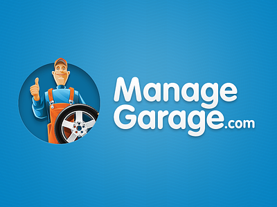 ManageGarage.com Logo blue branding car character garage illustration logo design mechanic orange wheel