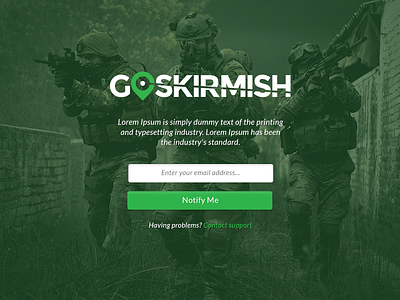 Go Skirmish - Pre-Launch Landing Page airsoft green landing page military skirmish soldier