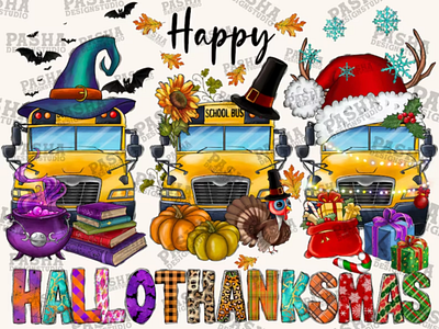 Happy Hallothanksmas School Bus PNG, School Bus Clipart 3d animation app branding design graphic design illustration logo motion graphics ui vector