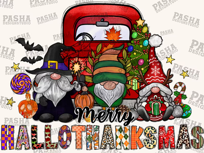 Merry Hallothanksmas Png, Gnomes Png, Halloween Png