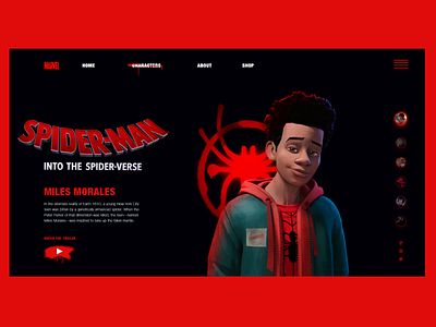 Miles morales character page adobe xd marvel miles morales spiderman spiderman into the spider verse spiderverse ui deisgn webdesign