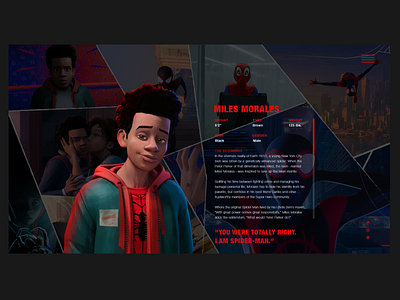 Miles morales detail character page adobe xd marvel miles morales spiderman spiderman into the spider verse ui design web design