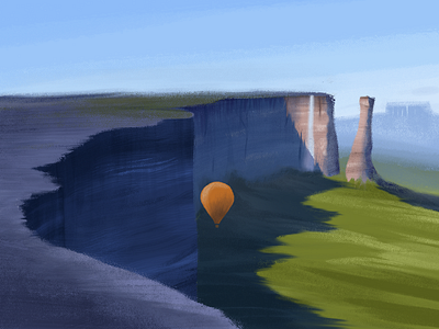 Paradise Falls cliffs gouache hot air balloon landscape up
