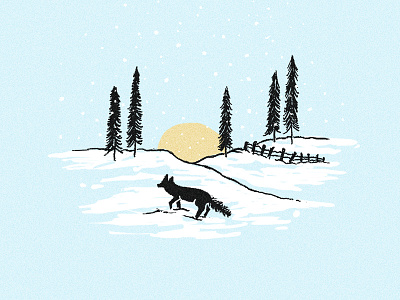On The Hunt drawing fox hand drawn illustration landscape outdoors pines snow sunset winter