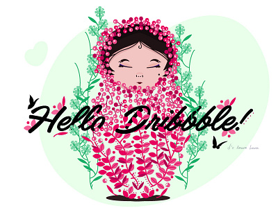 Hello Dribble! color debut first floral folk hello illustration leaves spring vector