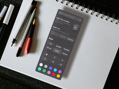 Text Editor Side bar Dark Theme dark dark mode dark side bar dark theme document editor lighting mockup note app notebook notes photo mockup product design side menu text editor text format text style typography ui design word