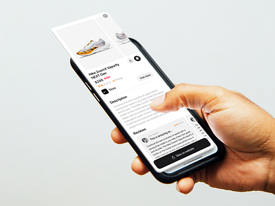 Ecommerce Product page Floating Mockup card card ui ecommerce floating iphone mockup light theme mockup nike online store product product details product page reviews shoes shop shopify store ui ui trend ux