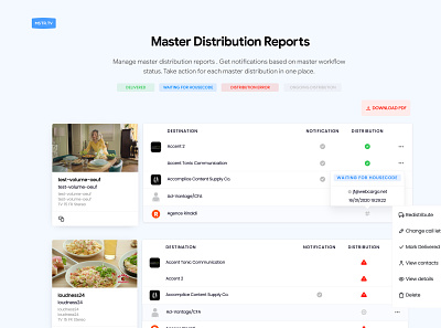 Master Distribution Reports actions masters popovers reports status tooltips video masters
