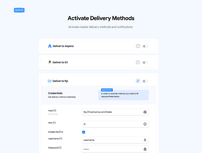 Delivery Methods admin aspera delivery delivery method ftp s3 ui uiux website