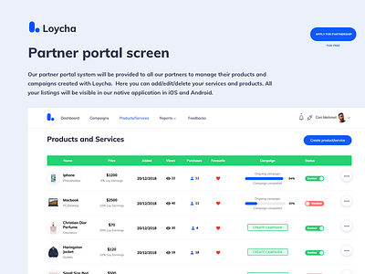 Loycha Partner Portal Screen admin crypto currency listing