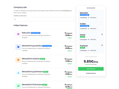 Pricing calculator for HRBee Features