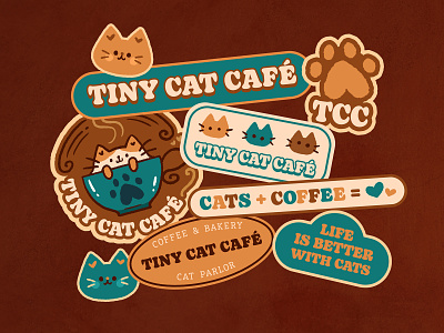Tiny Cat Café Stickers branding cat cats coffee cute design doodle graphic design identity illustration kawaii logo stickers
