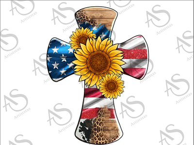 Western Sunflower American Flag Cross Png Sublimation