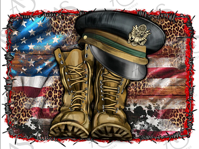 Western USA Flag With Military Boots And Military Hat Background