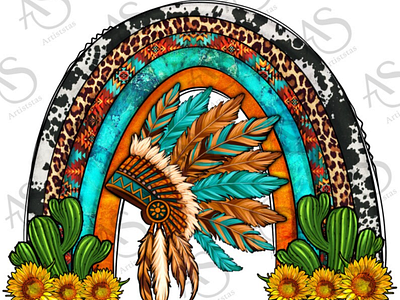 Indian Headdress Cactus And Sunflowers Rainbow Png