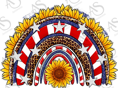 USA Flag Sunflowers Rainbow Png Sublimation Design