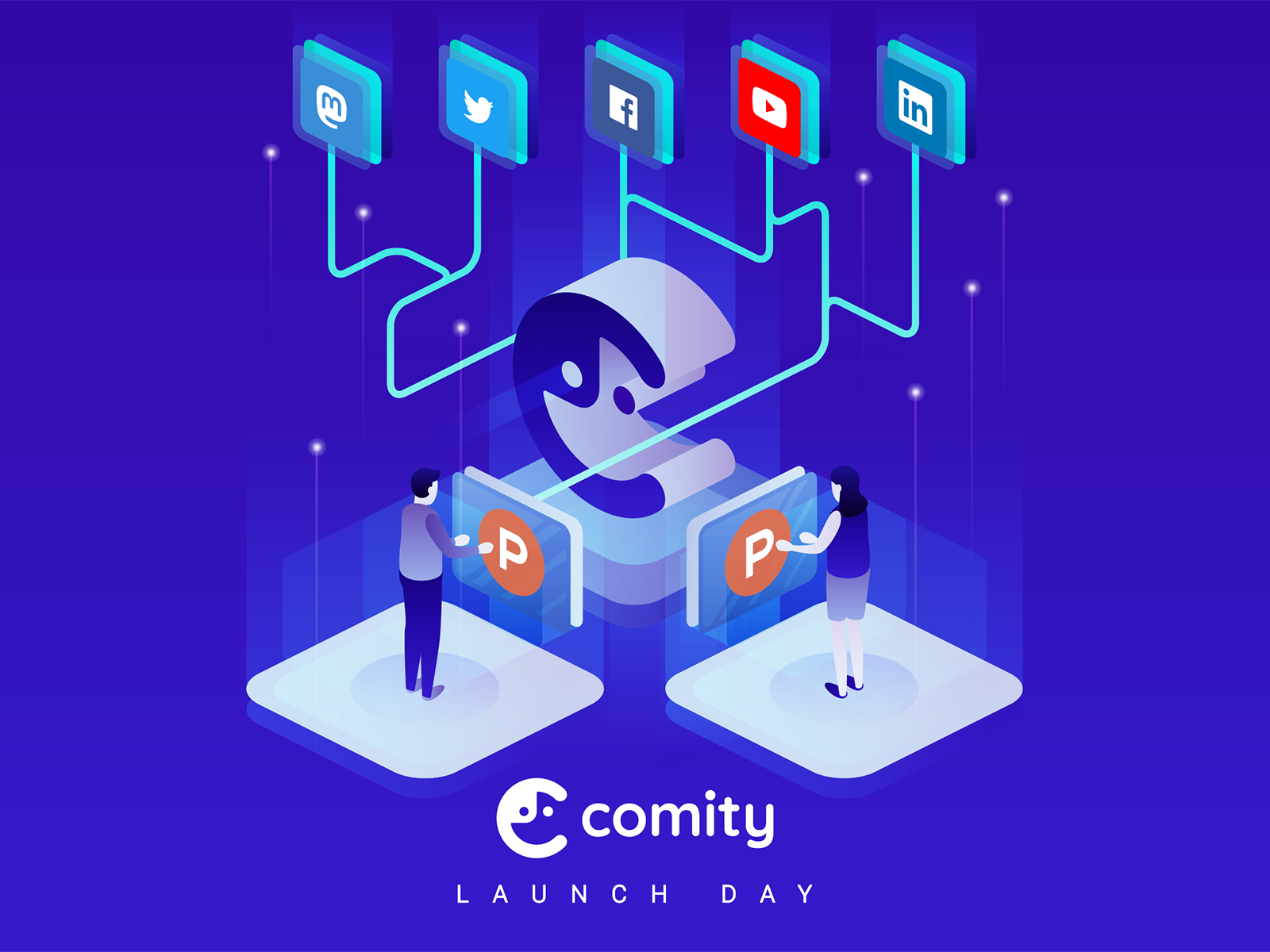 Comity Launch Day ecommerce facebook flat illustration isometric launch linkedin mastodon minimalist people platform producthunt shopify simple social media stars technology twitter vector youtube