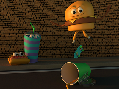 Fast food on the route 3d 3d artist 3d modeling characterdesign characters cinema4d design fastfood hamburger hotdog milshake skateboard street