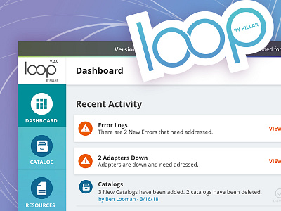 Loop admin alerts blue branding cards dashboard forms green logo notification panels product