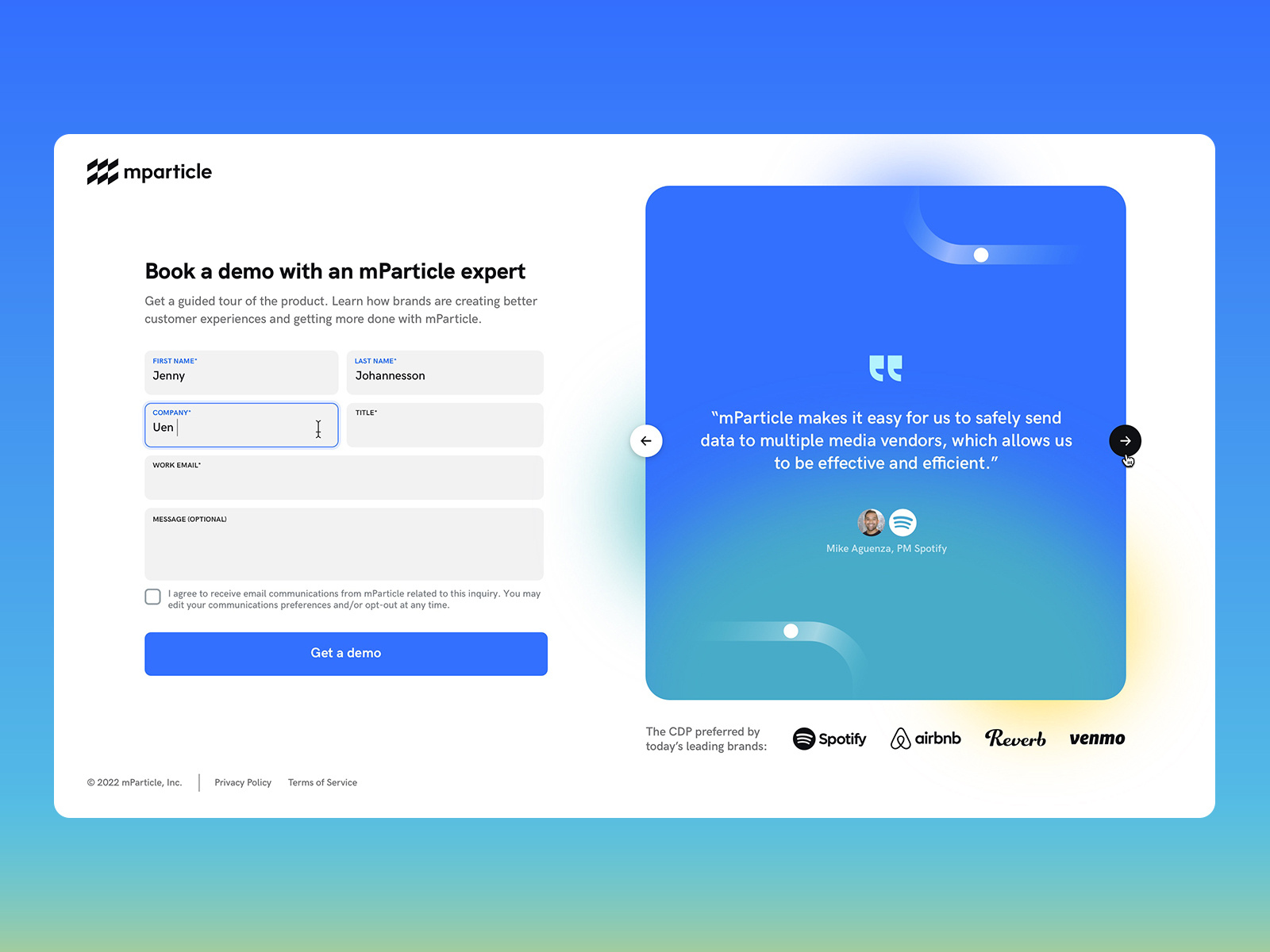 Demo Request Landing Page by Jesse for mParticle on Dribbble
