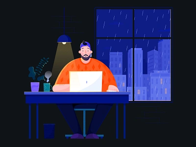 Work Hard affinity designer boy building business character city code design developer development house illustration laptop man night office people studio uran work