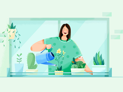 Operations affinity designer business character flower girl grass green grow happy illustration lady office operation people plant uran water window woman work