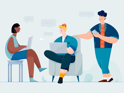 Team affinity designer boy character chat collaboration colleague friends girl illustration laptop man mate meeting office people team teammates uran woman work