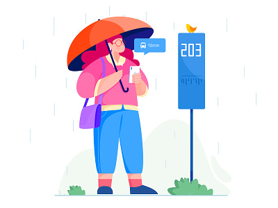 Waiting in the rain - 2 affinity designer bird bus business character flat girl illustration nature ourdoor people rain rainy stop umbrella uran vector wait woman work