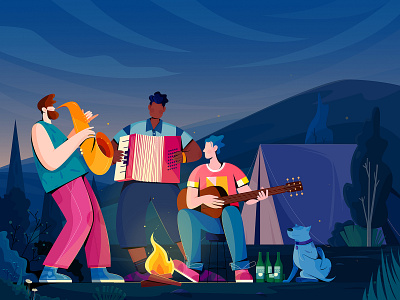 Bonfire party affinity designer band bonfire boy camp campfire character dog friends illustration man music nature night outdoor party people tent uran vector