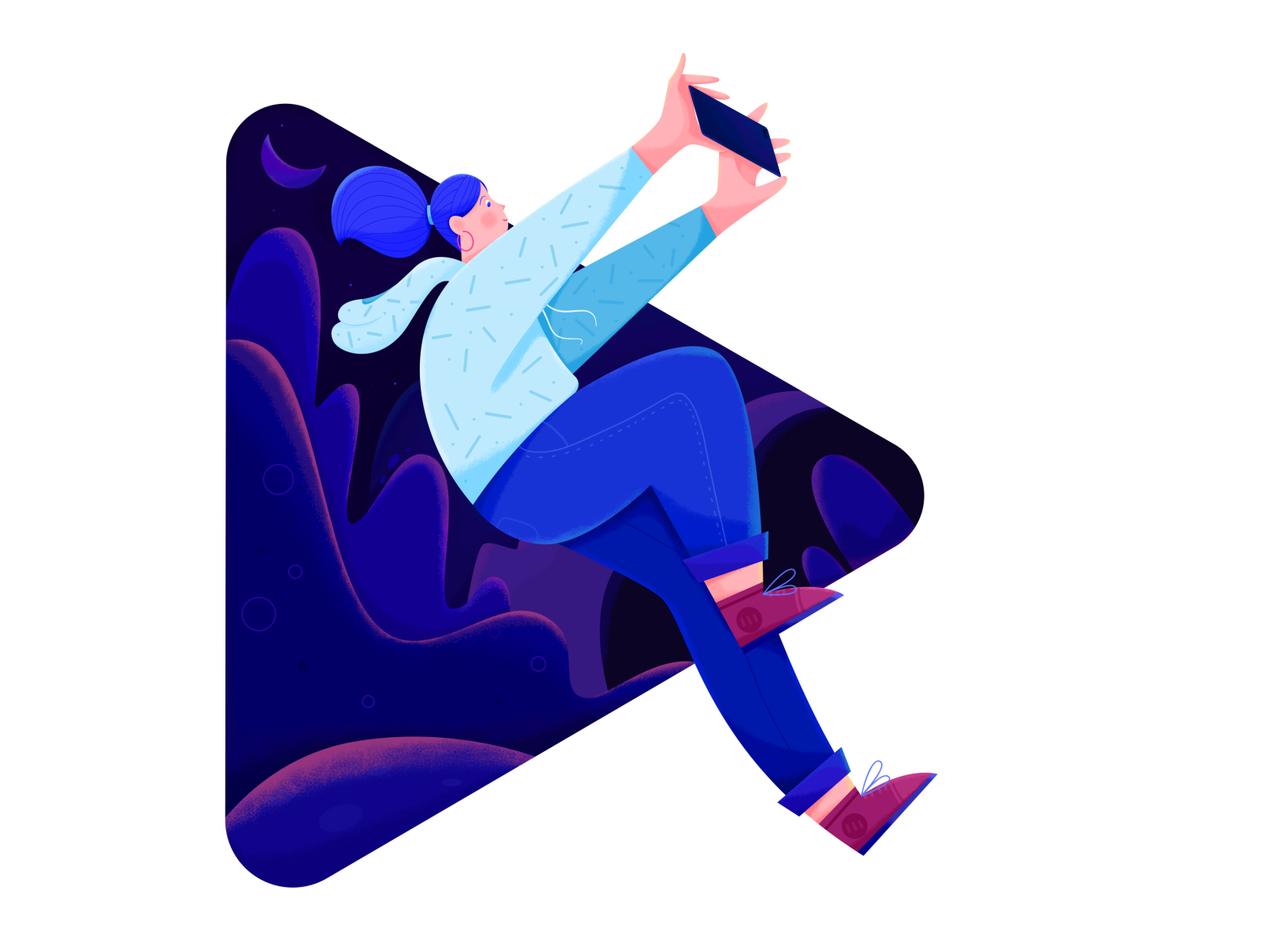 HONOR Play 4T - Illustration 2 affinity designer blue camera character dark draw flat illustration fly girl honor illustration jump lady landscape night outdoor people scene uran woman