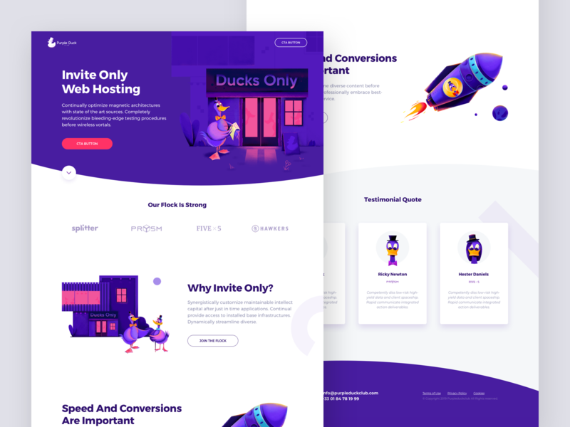 Purple Duck Club Landing Page bird character club duck house housekeeper illustration landing landing page portfolio purple rocket rocketship space ui ux web website