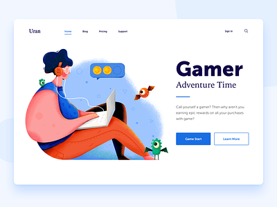 Gamer adventure character coin game gamer illustration man money monster people play player ui ux web website