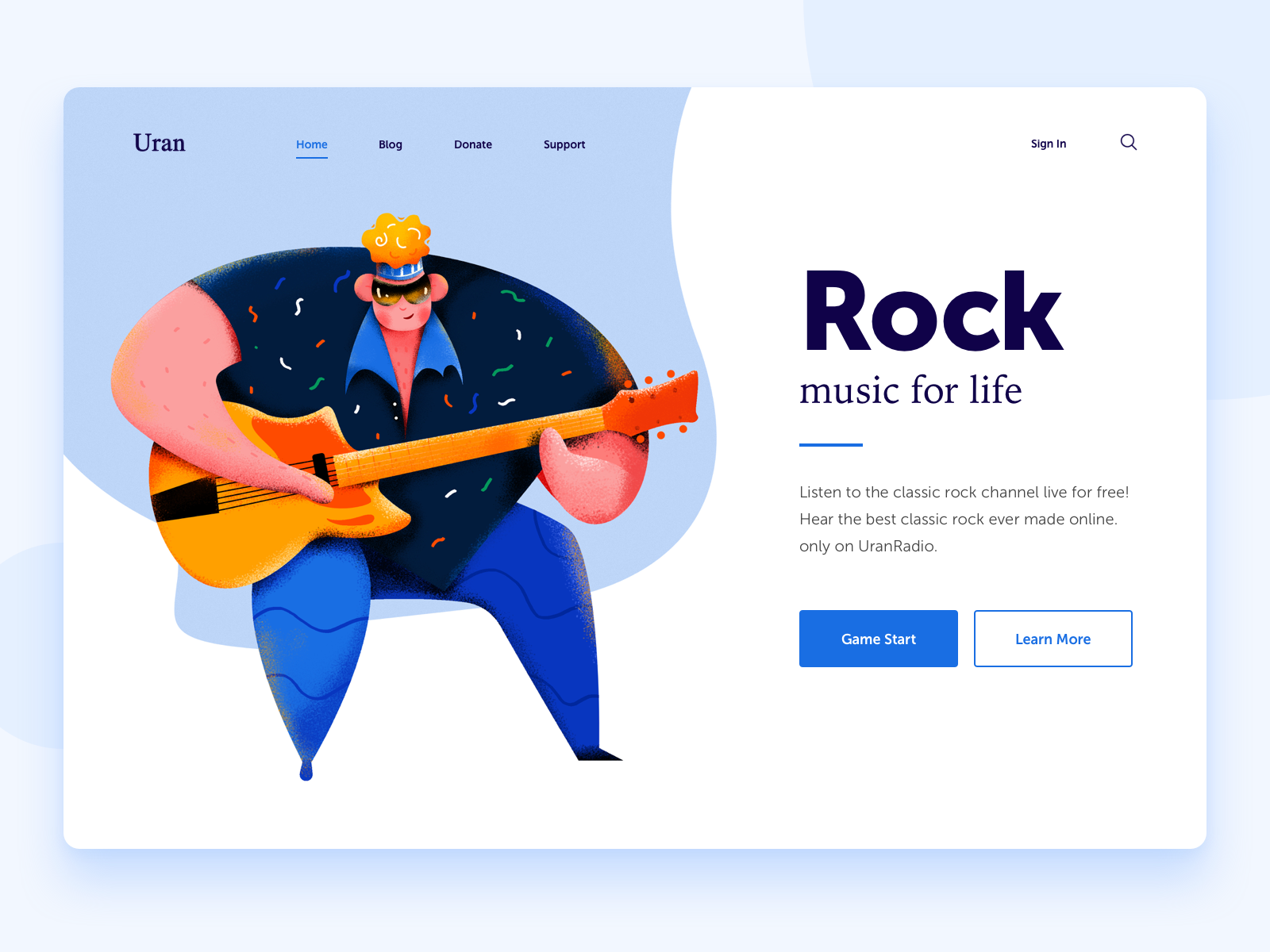 Rock boy character glasses guitar header illustration listen live man music people play rock roll sing song ui web website