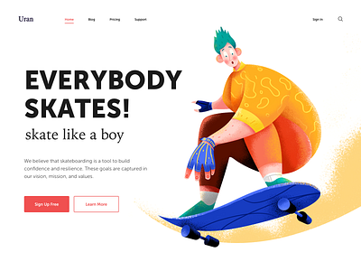 Everybody Skates boy character cool gloves header illustration man people skate skateboard speed sport ui web website wheel